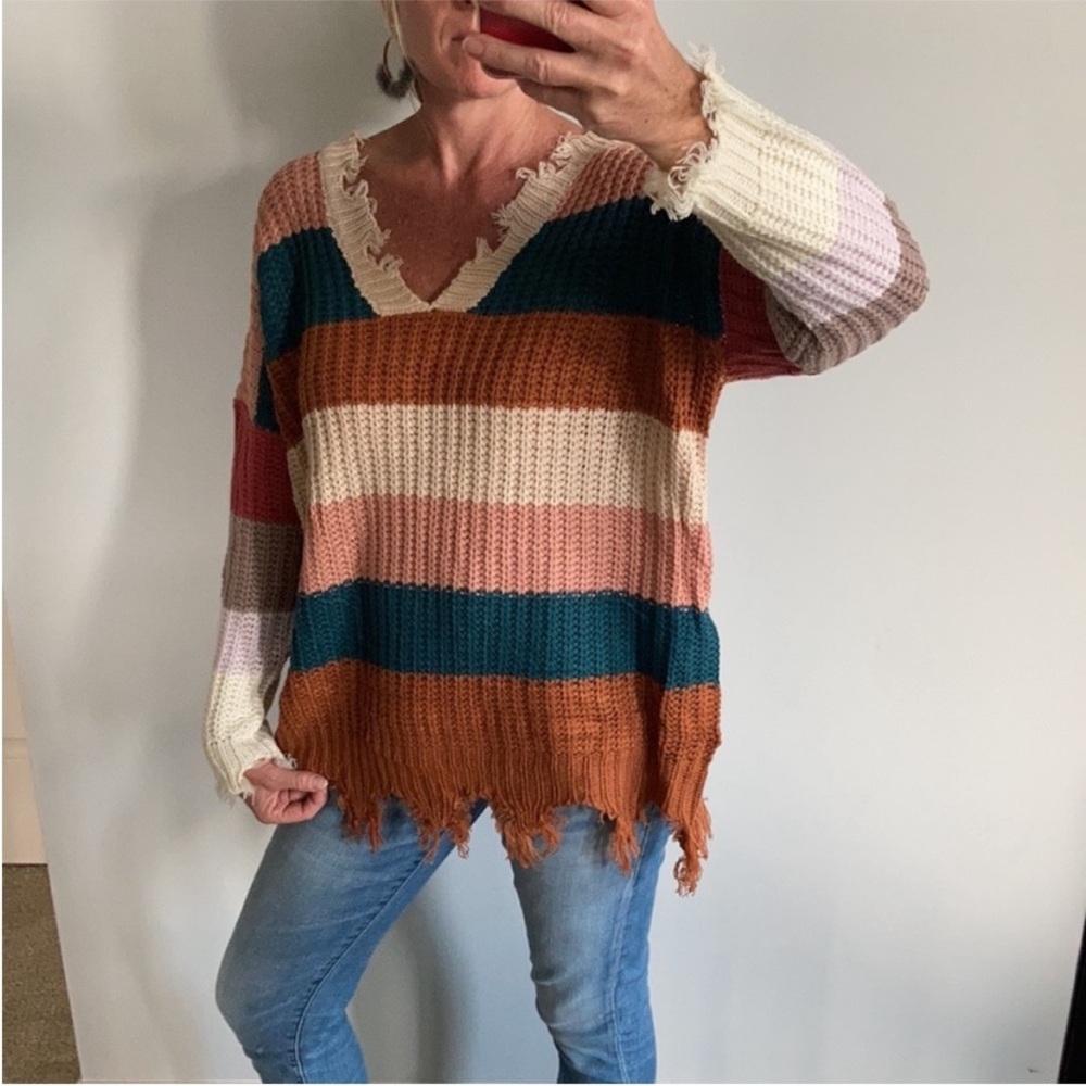 Oversized, Distressed Striped Sweater - Picture 4 of 9